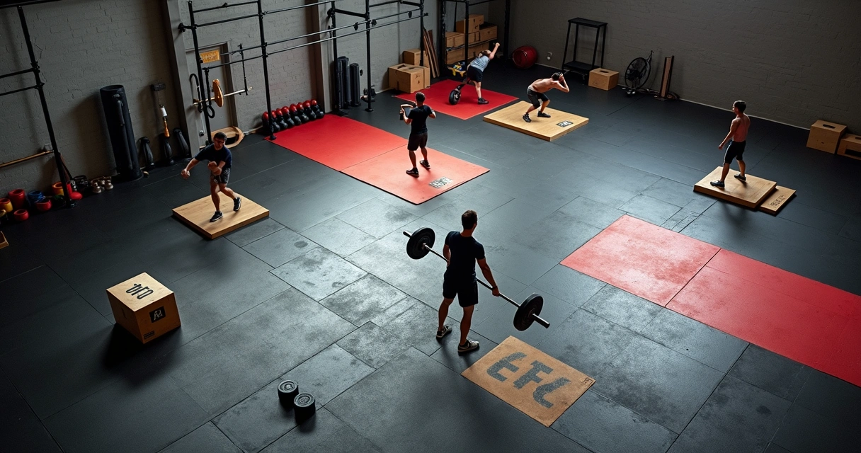 Vista aérea de box de CrossFit com piso de borracha colorido em área de levantamento de peso