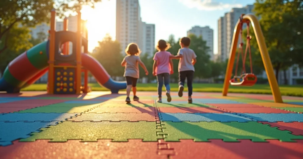Playground infantil com piso emborrachado colorido em placas quadradas