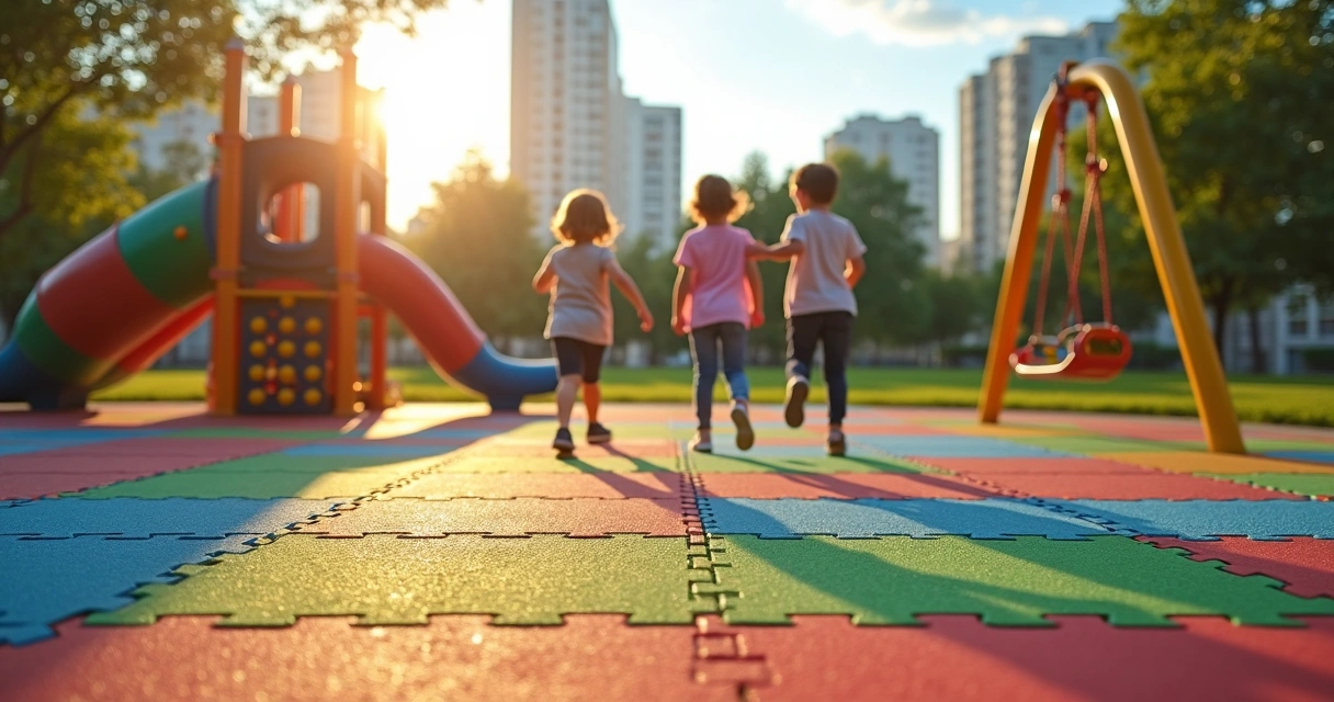 Playground infantil com piso emborrachado colorido em placas quadradas