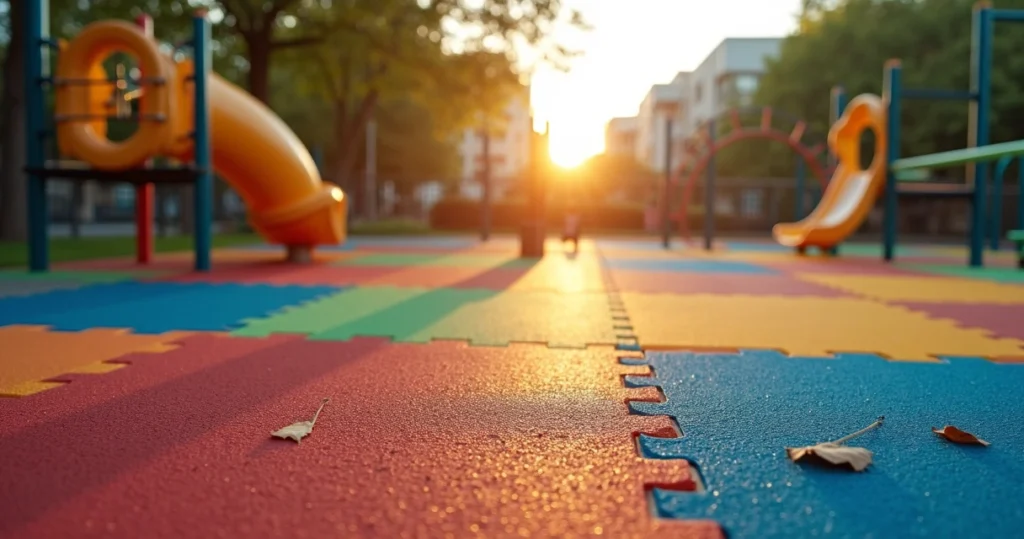 Playground ao ar livre com piso de borracha colorido de impacto em placas quadradas