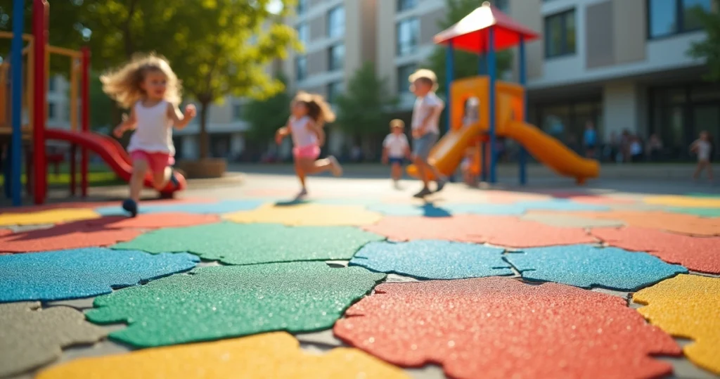 Crianças brincando em playground com piso de borracha colorido ao ar livre