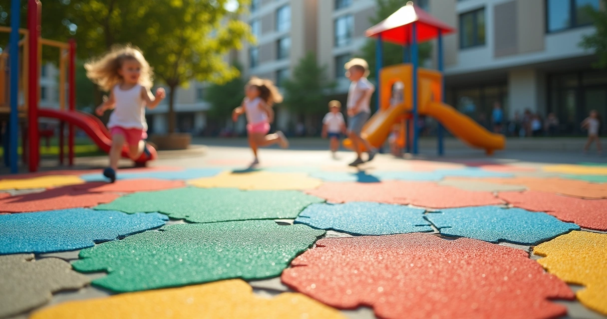 Crianças brincando em playground com piso de borracha colorido ao ar livre