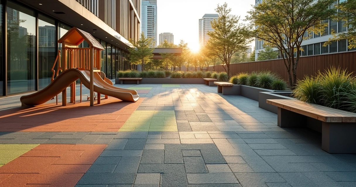 Playground corporativo ao ar livre com piso emborrachado ecológico colorido