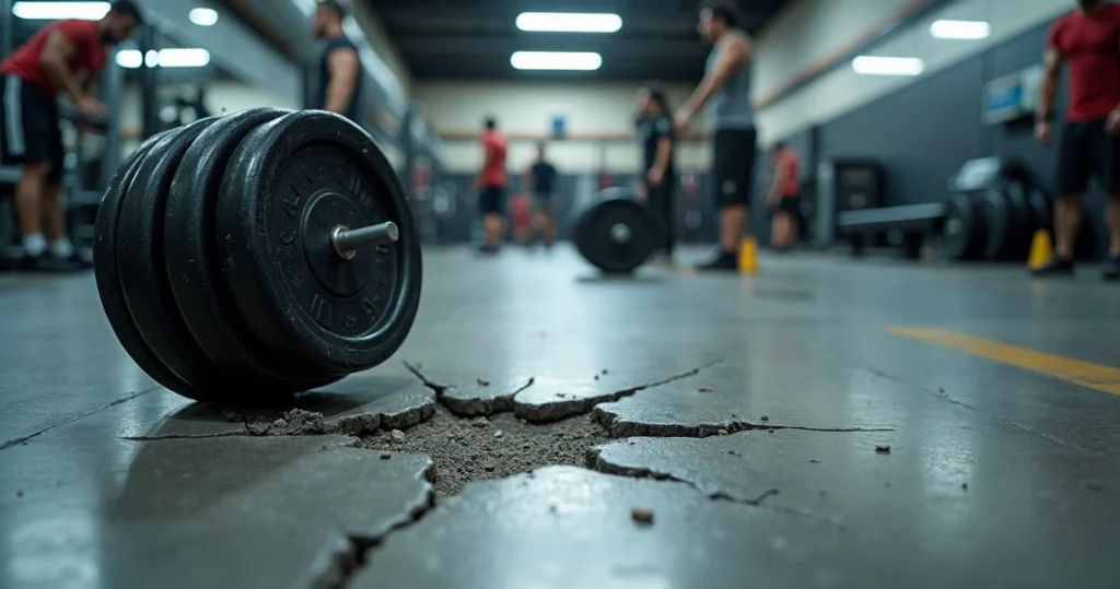 Área de musculação interna com piso duro mostrando halter caído rachando o chão