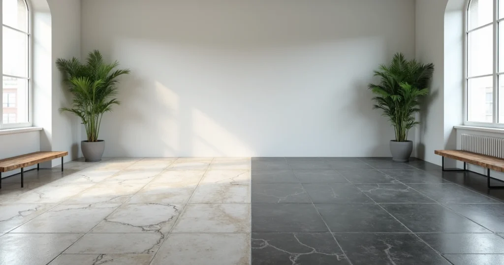 Sala comercial com metade do chão antigo e metade com piso emborrachado novo