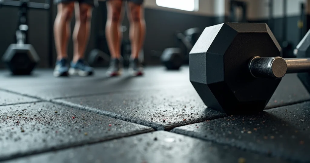 Detalhe do piso emborrachado de CrossFit com haltere pesado no chão