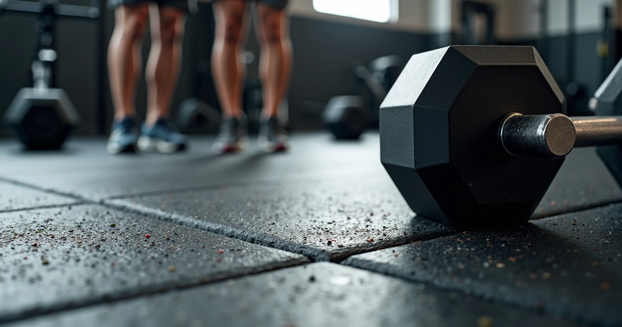 Detalhe do piso emborrachado de CrossFit com haltere pesado no chão