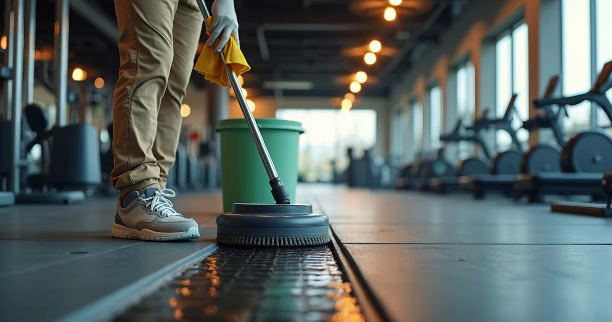 Funcionario limpando piso de borracha escuro de academia com lavadora e pano