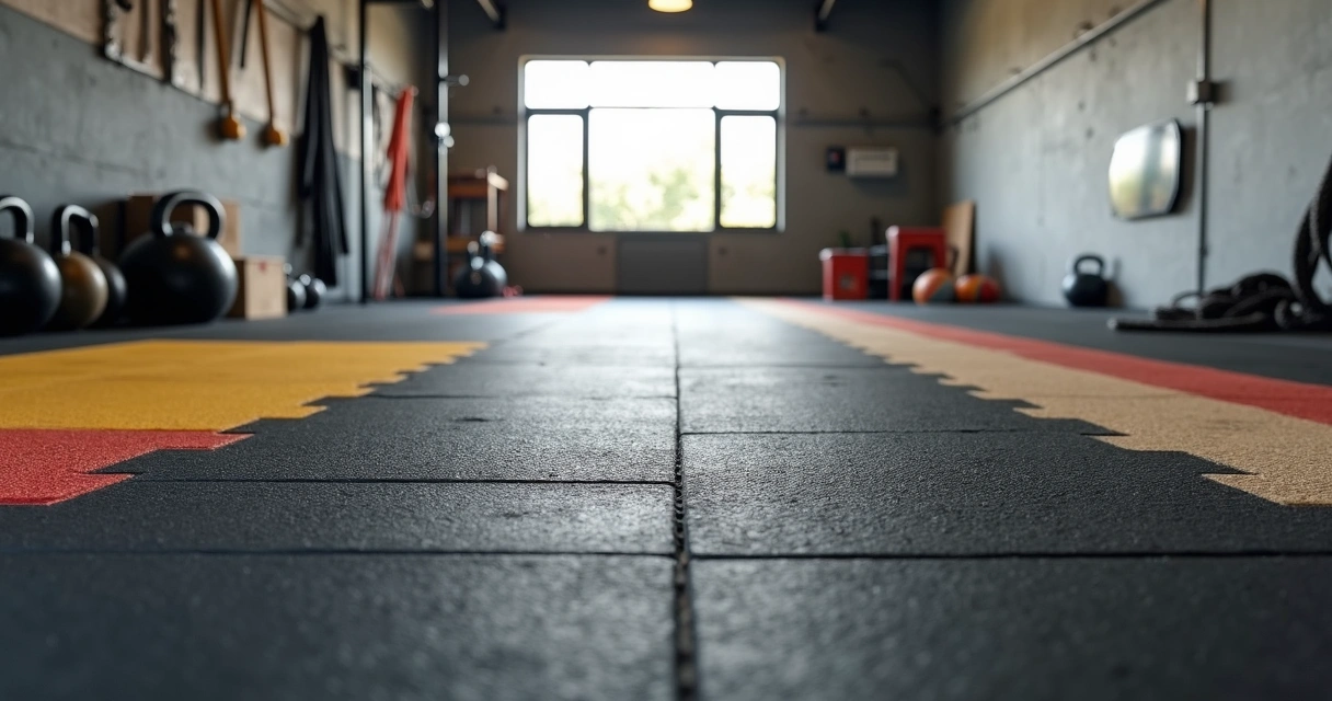Área funcional de treino indoors com piso de borracha ecológico em placas destacadas por marcações coloridas