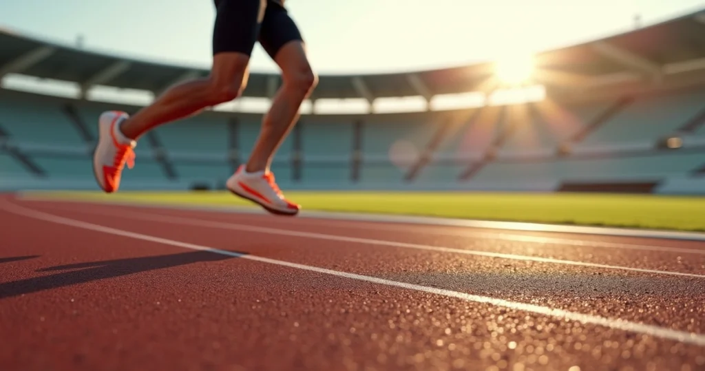 Sprinter largando em pista de atletismo com piso emborrachado visto em detalhe