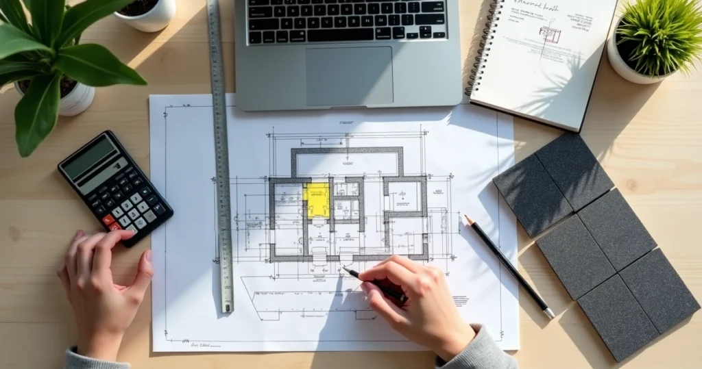 Arquiteta calculando área de piso emborrachado sobre planta baixa no notebook